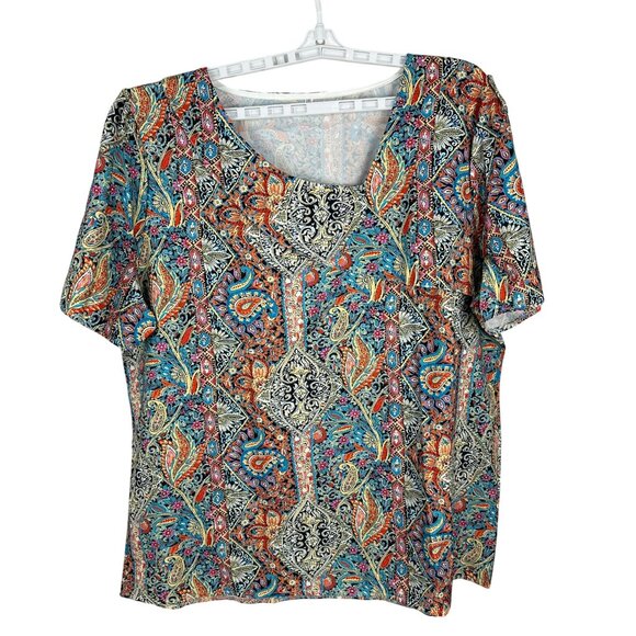 Colorful Bohemian Print Womens Top Size 3XL Short Sleeve 100% Polyester - Picture 1 of 5